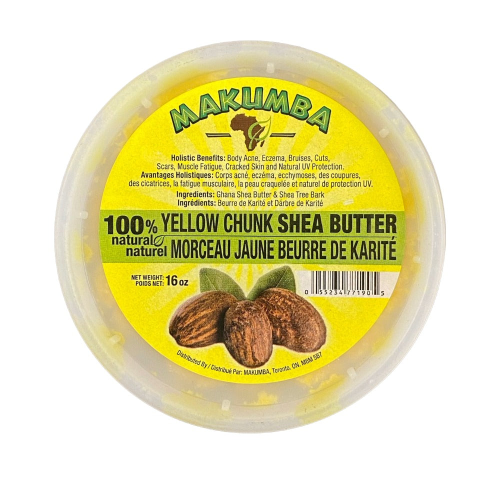 MAKUMBA natural yellow shea butter chunk in 16 oz tub for skin care moisturizing and healing