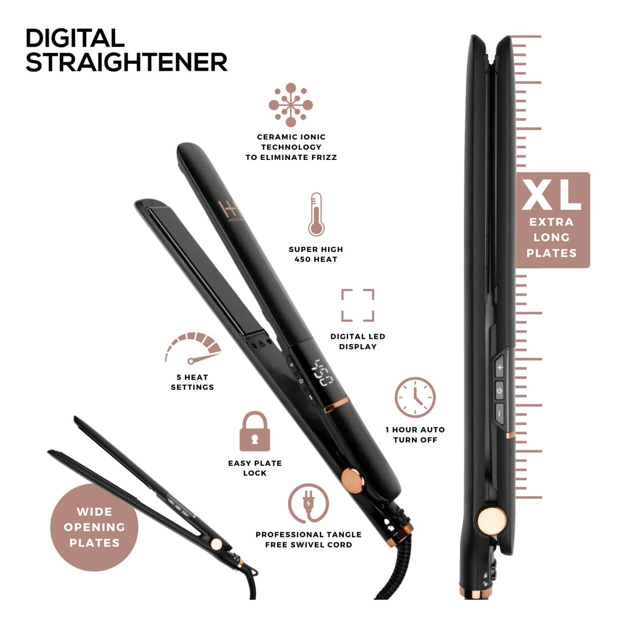 ANNIE #05897 Extra Long Ceramic Plate Digital Flat Iron 1” [Black]