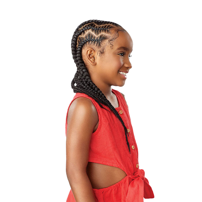 Young girl with braids made from Sensationnel pre-stretched braiding hair for kids wearing a red sleeveless top