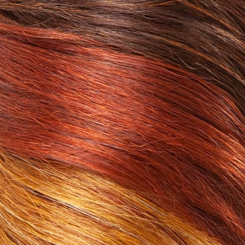 Close-up of OUTRE synthetic lace front wig 12 inch with multi-tonal brown and red shades