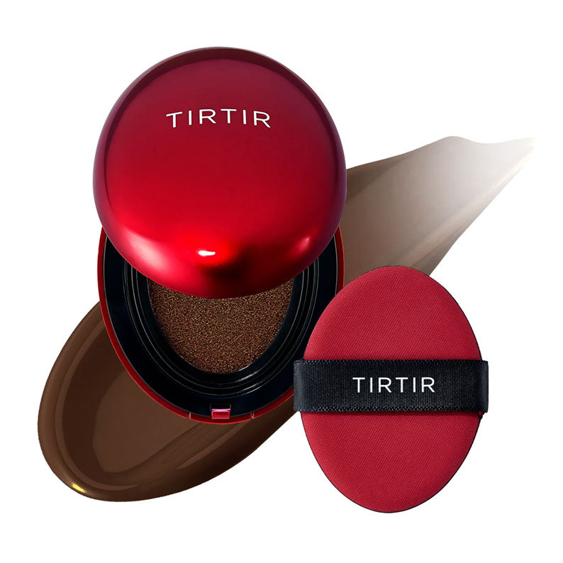 TIRTIR Mask Fit Red Cushion foundation with red compact case and applicator sponge for smooth makeup