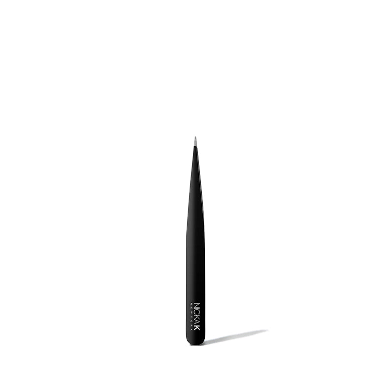 NICKA K black metal precision pointed tweezer with slim ergonomic handle for precise eyebrow shaping and makeup