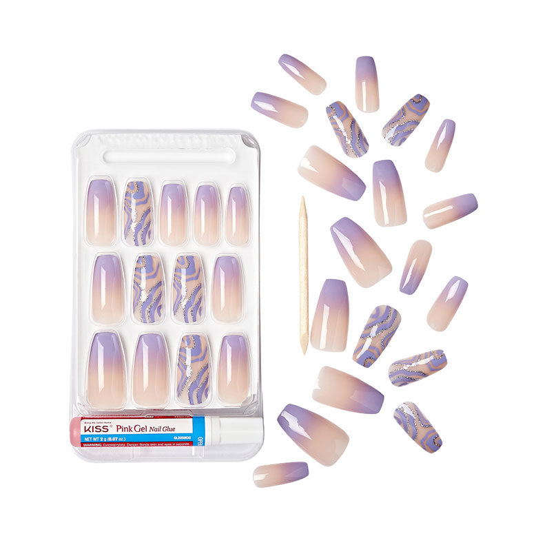 IVY BEAUTY by KISS lavender ombre and gold zebra accent nail set with glue and stick trendy press on nails