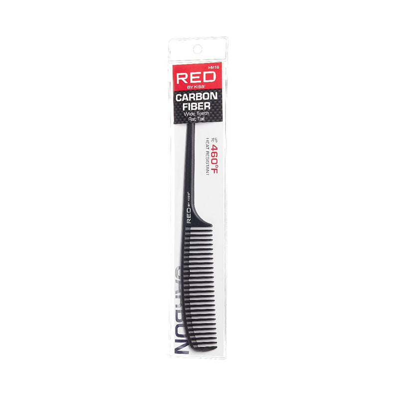 RED BEAUTY by KISS carbon fiber wide tooth rat tail comb in black with heat resistant handle