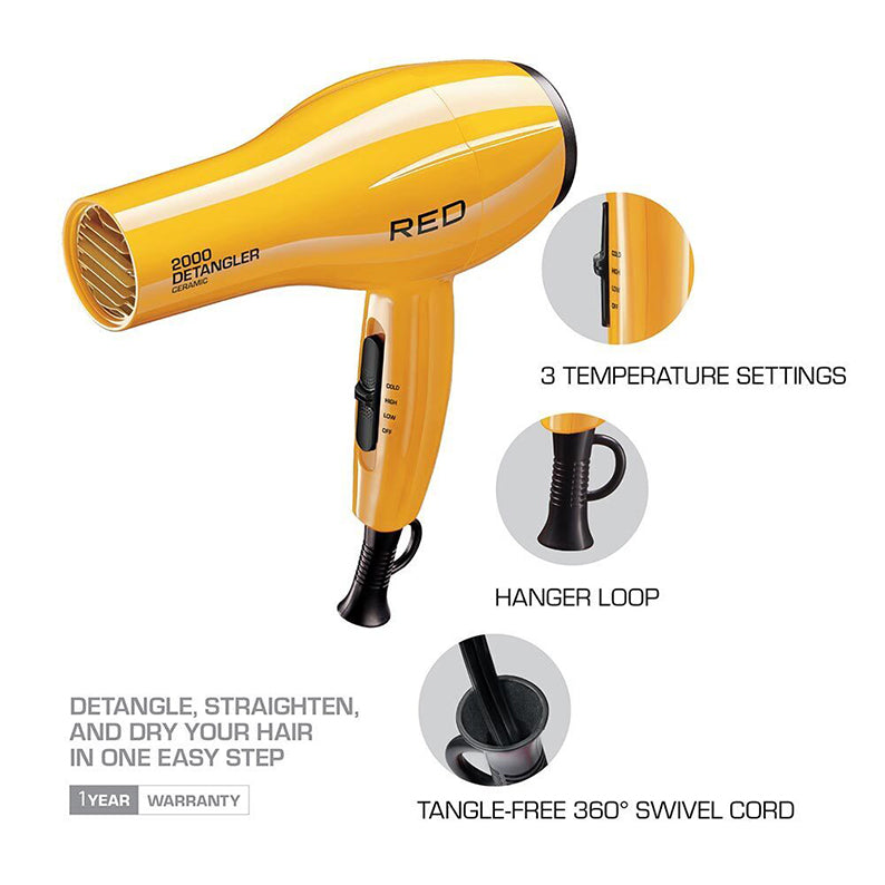 RED by KISS 2000 Ceramic Detangler Dryer 3 Styling Attachments [YELLOW] #BD13