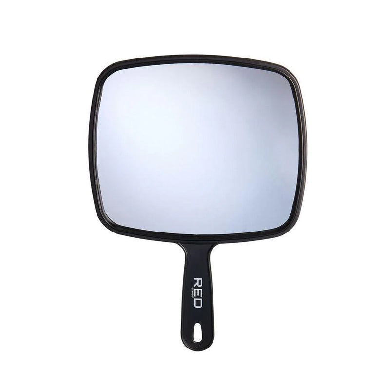 RED BEAUTY by KISS large handheld mirror for makeup with black rounded frame and ergonomic handle for precise application