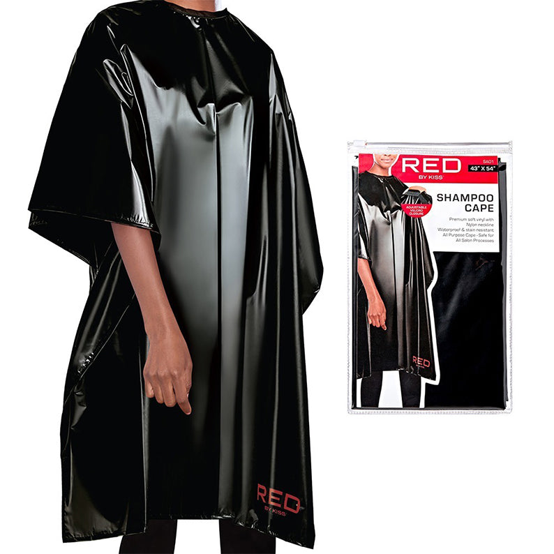 RED BEAUTY by KISS black shampoo cape glossy waterproof salon cape with branding and retail packaging