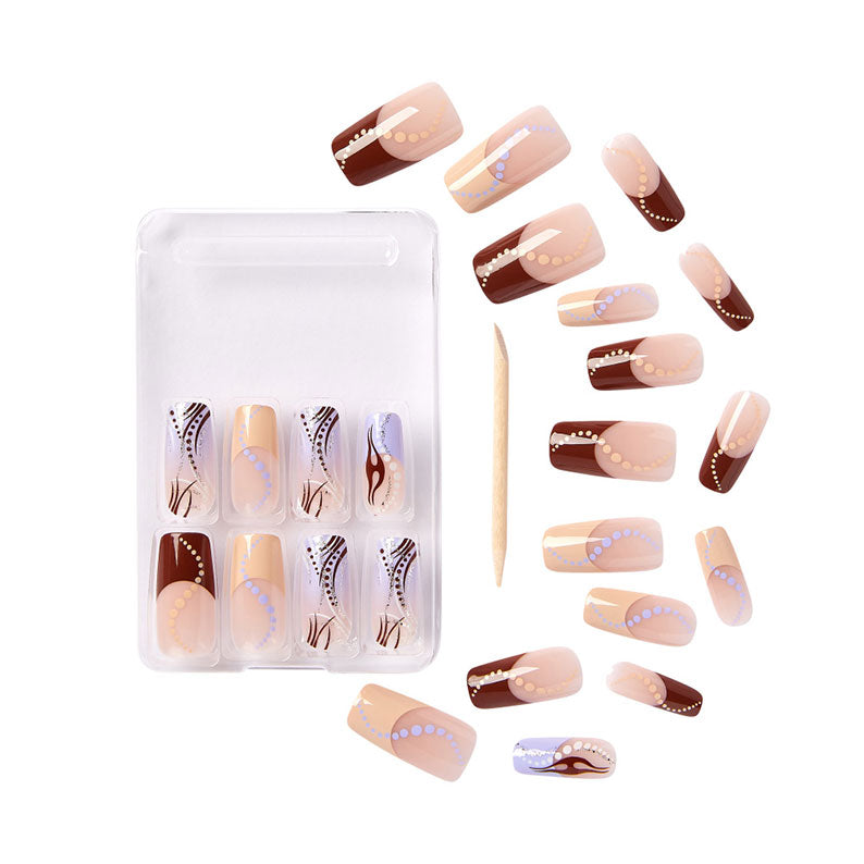 KISS Gold Finger Trendy Nails IVY BEAUTY press on nail set beige brown mauve with dotted swirls and wooden stick