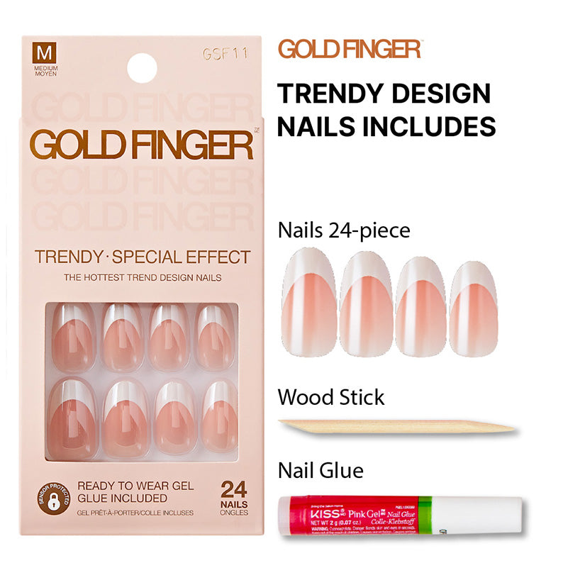 IVY BEAUTY by KISS Gold Finger set with French glazed press on nails 24 piece includes glue and wood stick