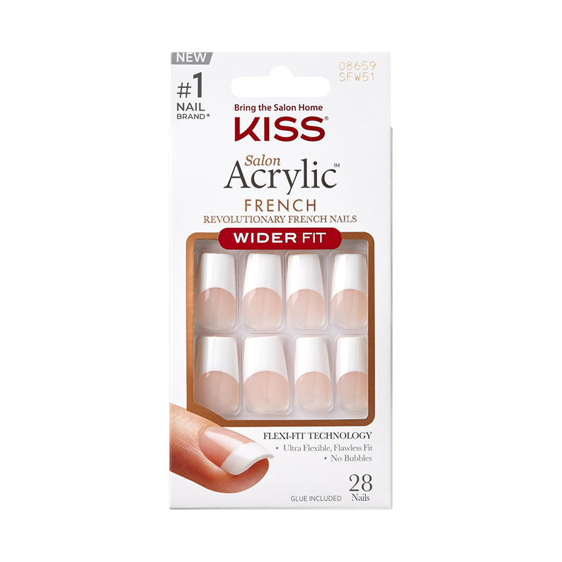 Kiss Salon Acrylic French Wider Fit Nails pack showing white French tip acrylic press on nails with glue