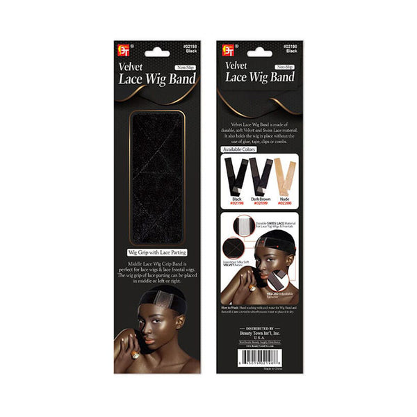 BEAUTY TOWN velvet lace wig band black in packaging showing sample strip and model wearing headband