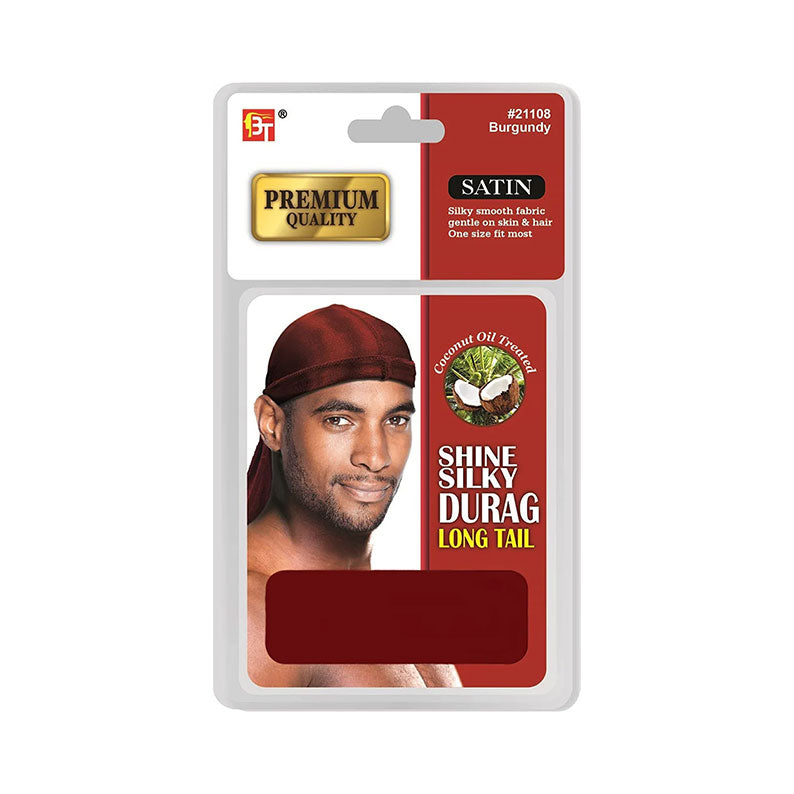 Premium Quality Coconut Oil Treated Shine Silky Durag With Long Tail #21108 [Burgundy]