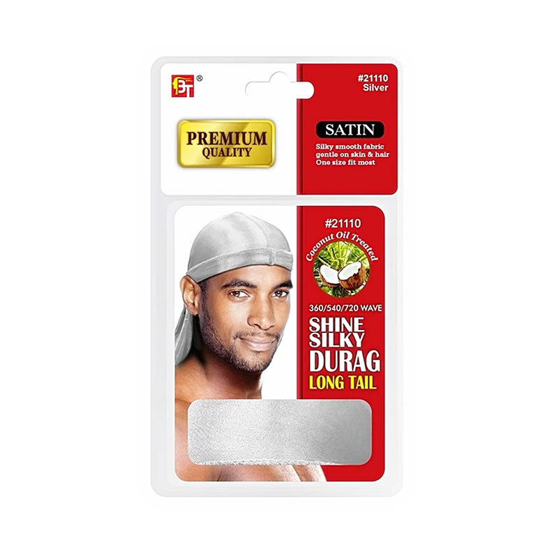 Premium Quality Coconut Oil Treated Shine Silky Durag With Long Tail #21110 [Silver]