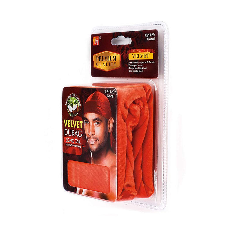 Premium Quality Coconut Oil Treated Velvet Durag With Long Tail #21129 [Coral]