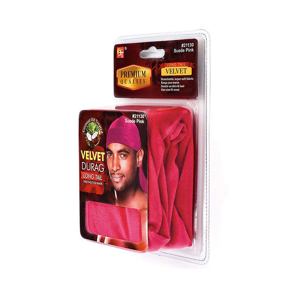 Premium Quality Coconut Oil Treated Velvet Durag With Long Tail #21130 [Suede Pink]