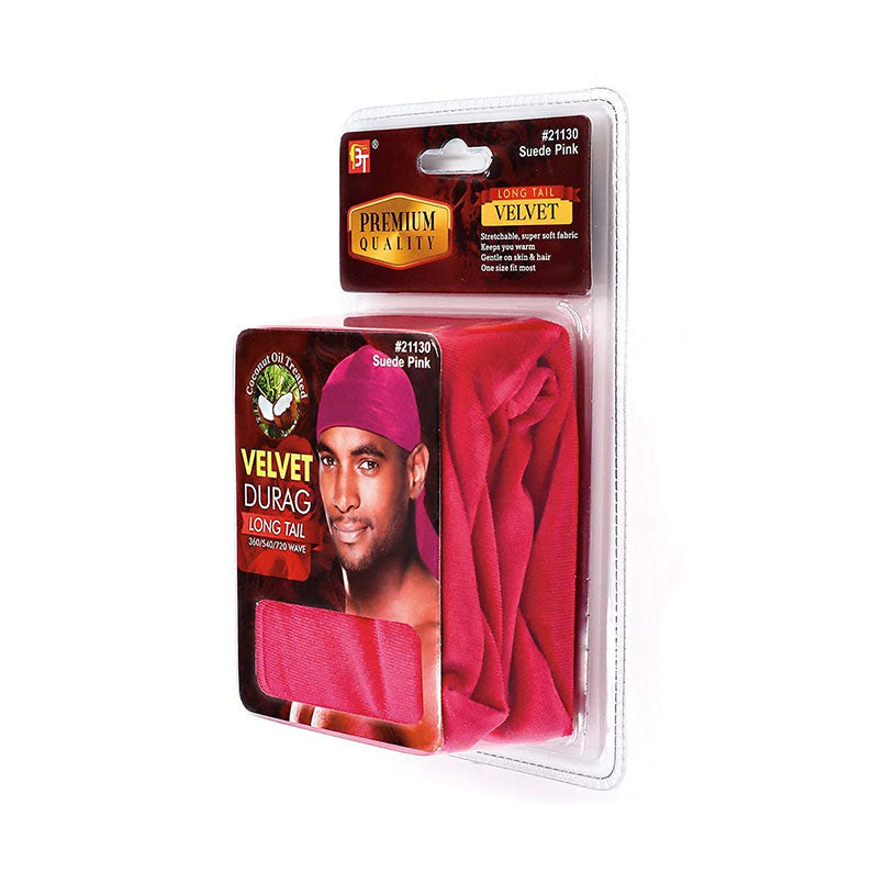 Premium Quality Coconut Oil Treated Velvet Durag With Long Tail #21130 [Suede Pink]