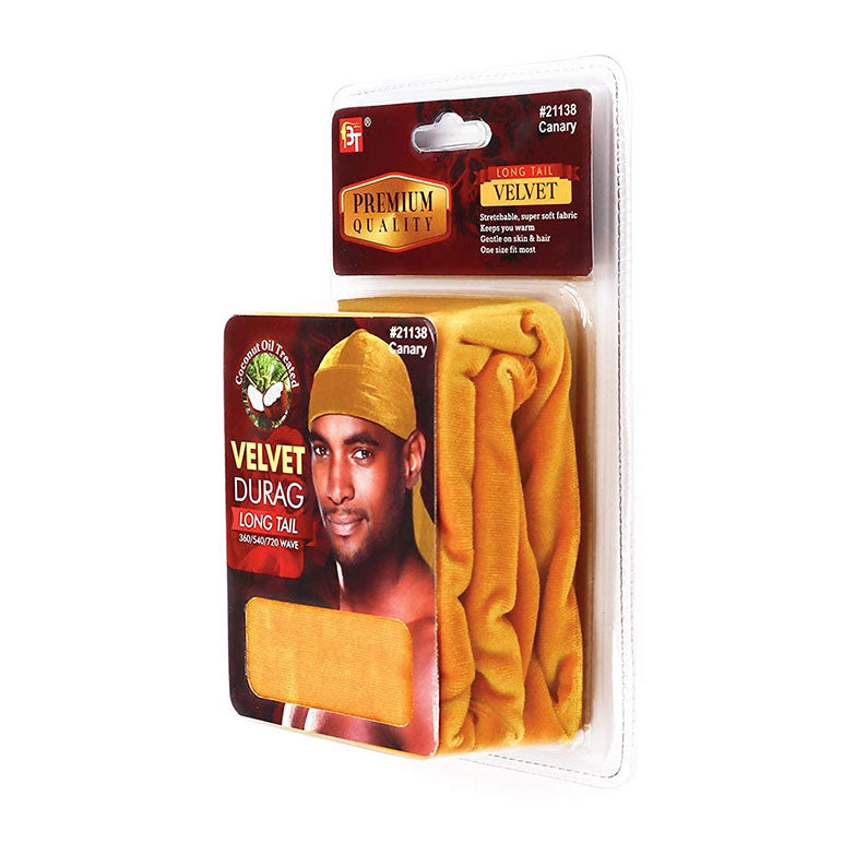 Premium Quality Coconut Oil Treated Velvet Durag With Long Tail #21138 [Canary]