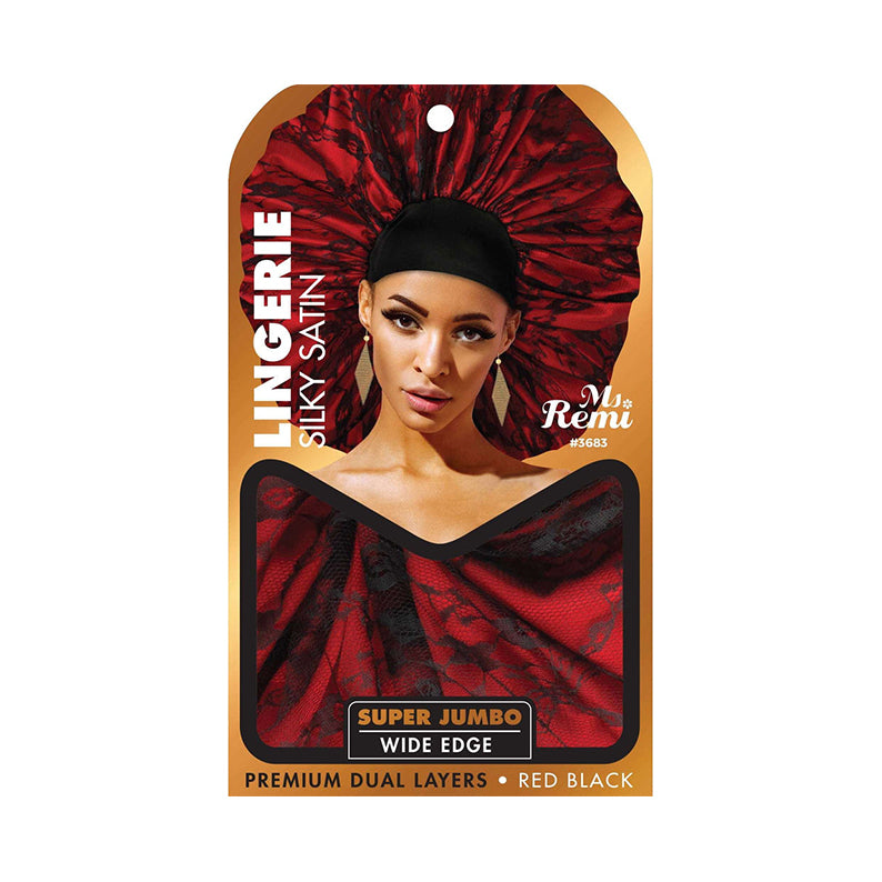 Ms Remi red black lingerie satin packaging showing jumbo silky bonnet for natural hair wide edge dual layers
