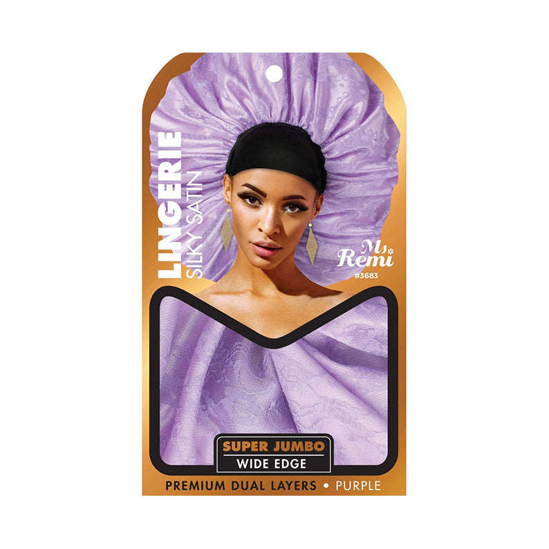 Ms Remi purple super jumbo silky bonnet for natural hair with wide edge premium dual layers packaging
