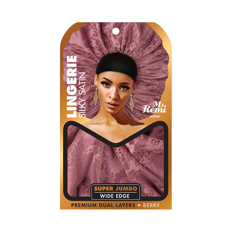 Ms Remi jumbo silky bonnet for natural hair berry satin lingerie packaging showing model wearing super jumbo wide edge bonnet