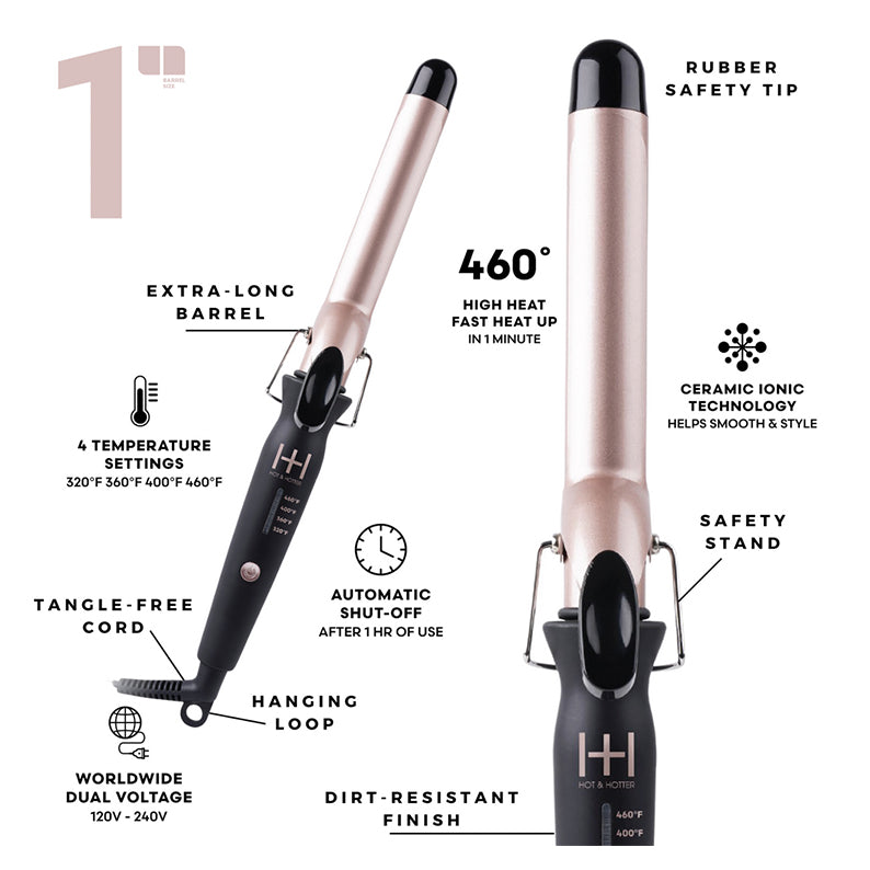 ANNIE extra long ceramic curling iron 1 inch rose gold barrel with black handle safety stand and tangle free cord
