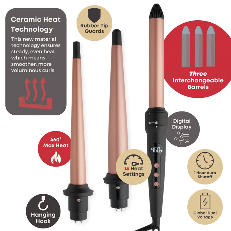 ANNIE HOT & HOTTER #05997 3-in-1 Interchangeable Digital Curling Wand Set