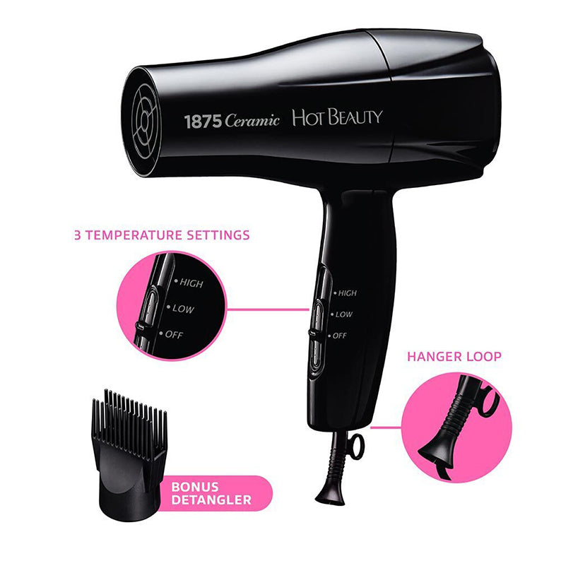 RED BEAUTY by KISS black ceramic styling hair dryer with 3 temperature settings hanger loop and bonus detangler