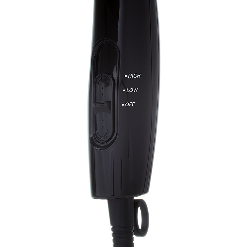 RED BEAUTY by KISS ceramic styling hair dryer black handle close up showing high low off switch and cord loop