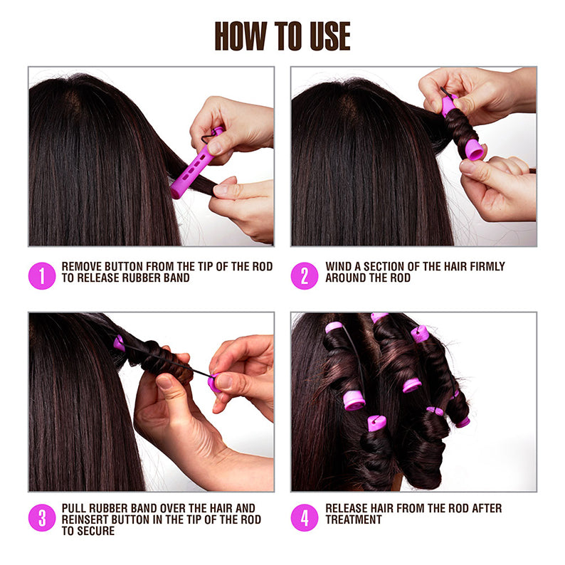 RED BEAUTY by KISS instructional collage showing four steps to wrap and secure hair with cold wave rods for short hair