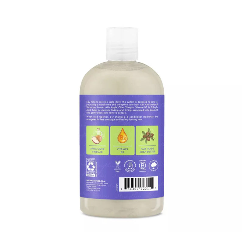 Shea Moisture apple cider vinegar anti-dandruff shampoo bottle showing back purple label with ingredient icons