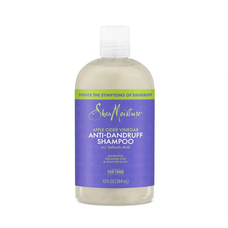 Shea Moisture apple cider vinegar anti-dandruff shampoo bottle with purple label for dandruff control and scalp care