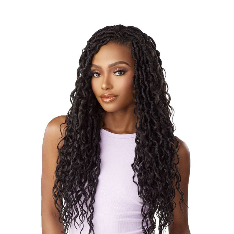 Sensationnel long black curly braids hairstyle on woman wearing a light purple sleeveless top