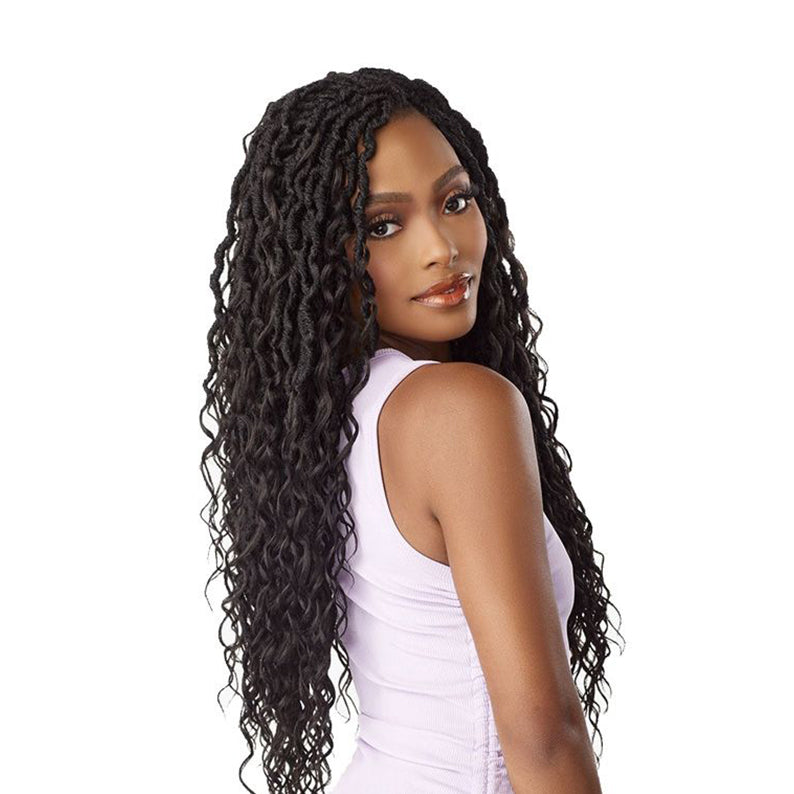 Sensationnel long black curly braid hairstyle worn by woman in white sleeveless top