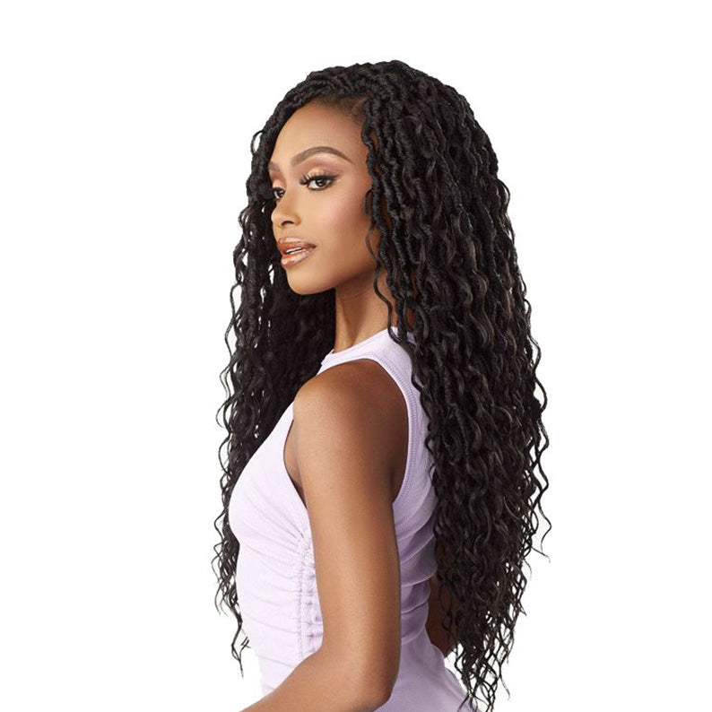 Sensationnel long black curly braid hairstyle on woman wearing white sleeveless top