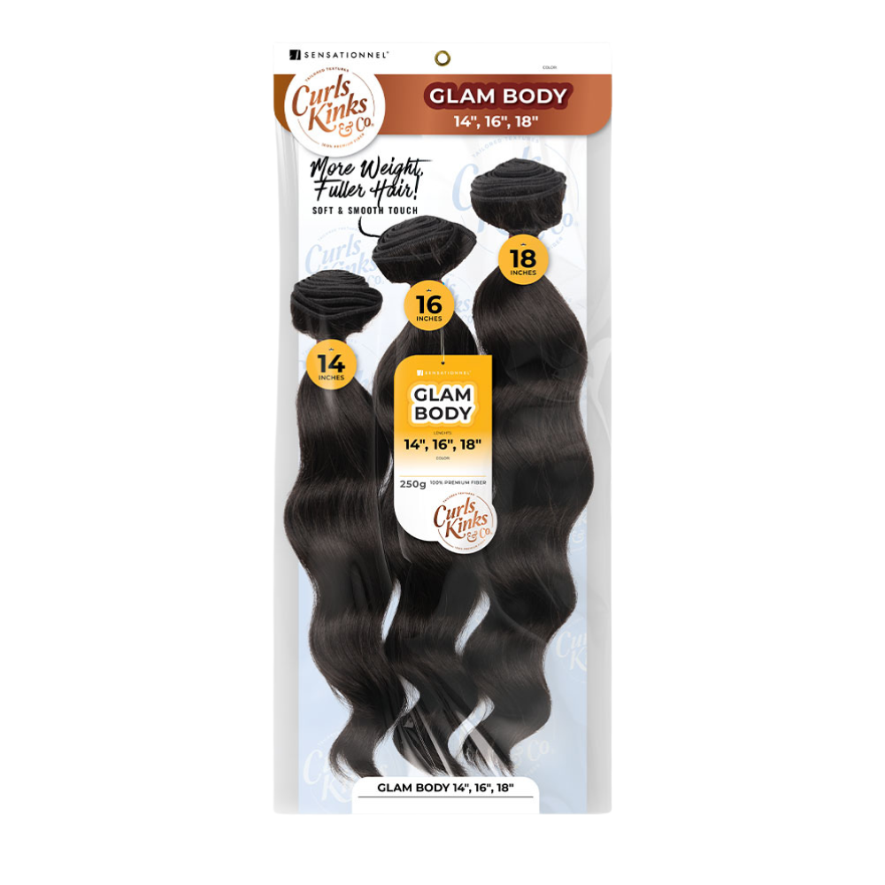 Sensationnel Glam Body hair bundles in black with waves, lengths 14, 16, and 18 inches