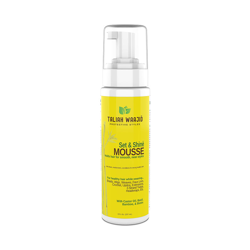 Taliah Waajid set and shine mousse bottle with pump yellow label lightweight foam for smoothing and styling hair