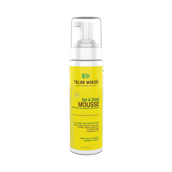 Taliah Waajid set and shine mousse bottle with pump yellow label lightweight foam for smoothing and styling hair