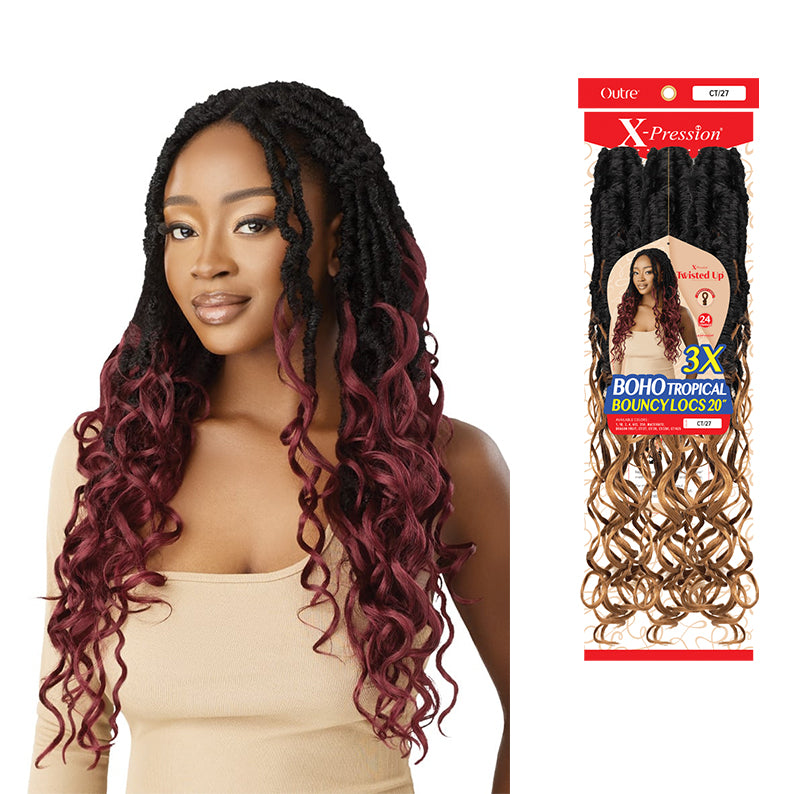 OUTRE braid boho bouncy locs 20 inch ombre burgundy to blonde long curly locs shown on model and packaging