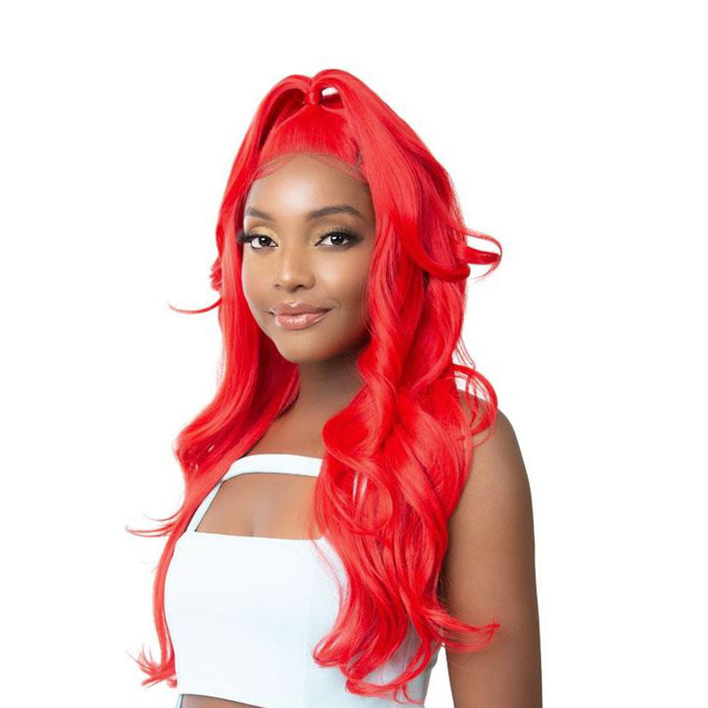 Nutique Illuze 360 lace wig vibrant red long wavy half up ponytail on model for bold style