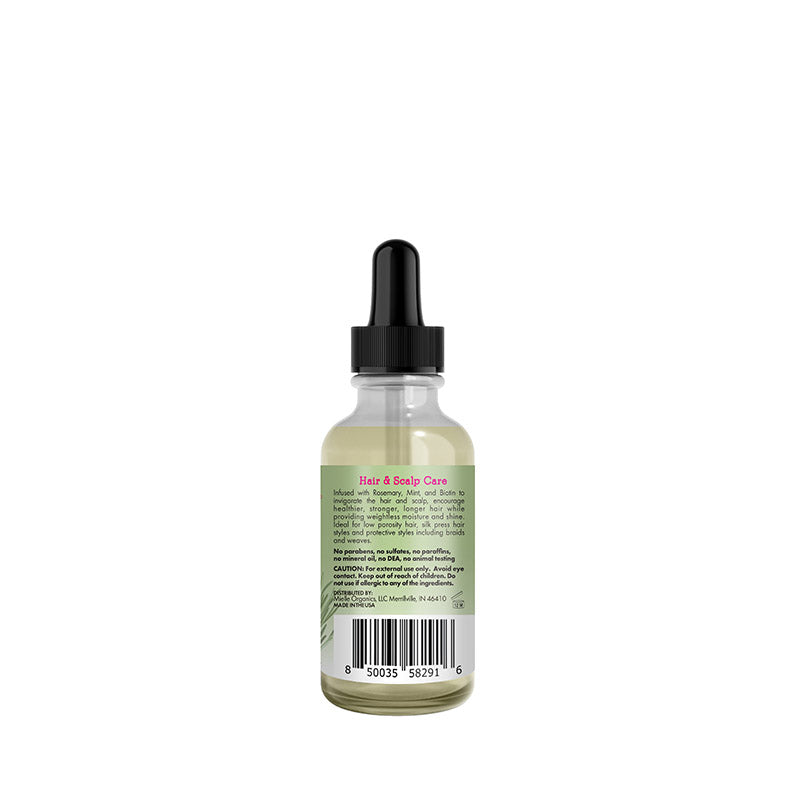 MIELLE rosemary mint hair oil clear glass dropper bottle showing back label and pale green oil