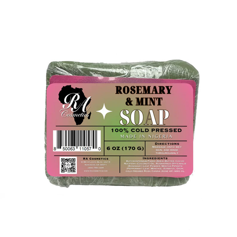 RA COSMETICS natural rosemary mint soap bar in green 6 oz cold pressed soap with pink label made in Nigeria