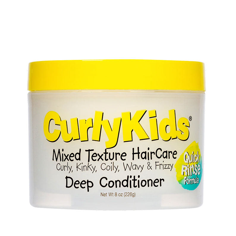 CurlyKids deep conditioner jar with yellow lid mixed texture haircare for curly kinky coily wavy hair