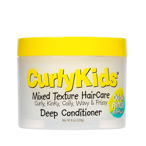 CurlyKids deep conditioner jar with yellow lid mixed texture haircare for curly kinky coily wavy hair