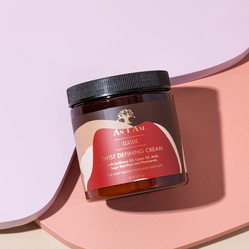 AS I AM jar of twist defining cream for natural hair on pastel pink and peach background