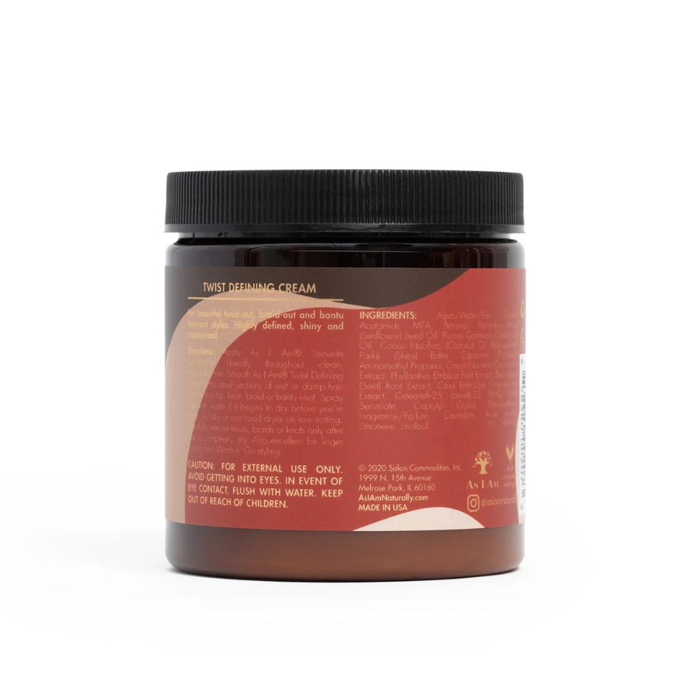 AS I AM jar of twist defining cream for natural hair on white background showing red label and black lid