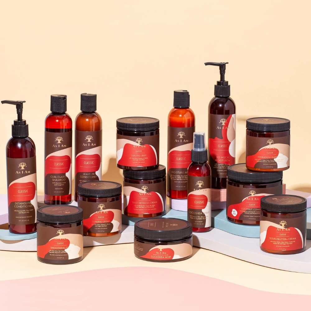 AS I AM hair care product lineup with jars and pump bottles including twist defining cream for natural hair