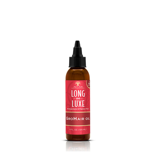As I Am Long & Luxe Grohair Oil 4 fl oz brown bottle with red label and pointed applicator for hair growth and moisture