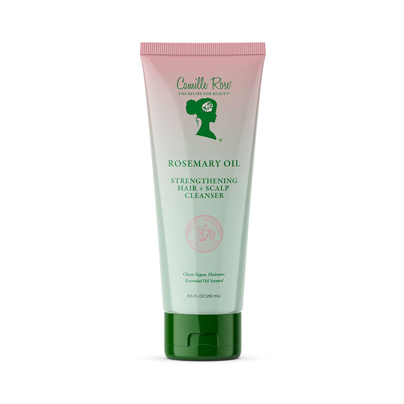 Camille Rose rosemary oil hair cleanser tube for strengthening hair and scalp in green and pink packaging