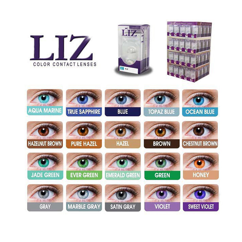LIZ makeup color contact lenses display with packaging and multiple shades including green color contact lenses