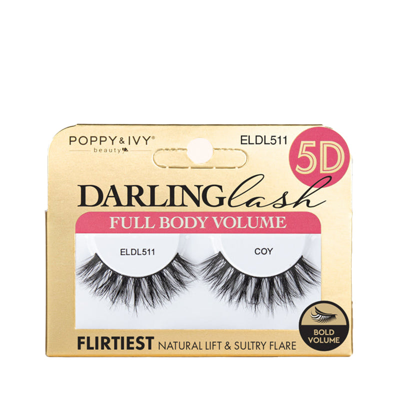 Pair of full body volume false lashes in gold packaging showing 5D multi dimensional eyelashes for bold flirty look